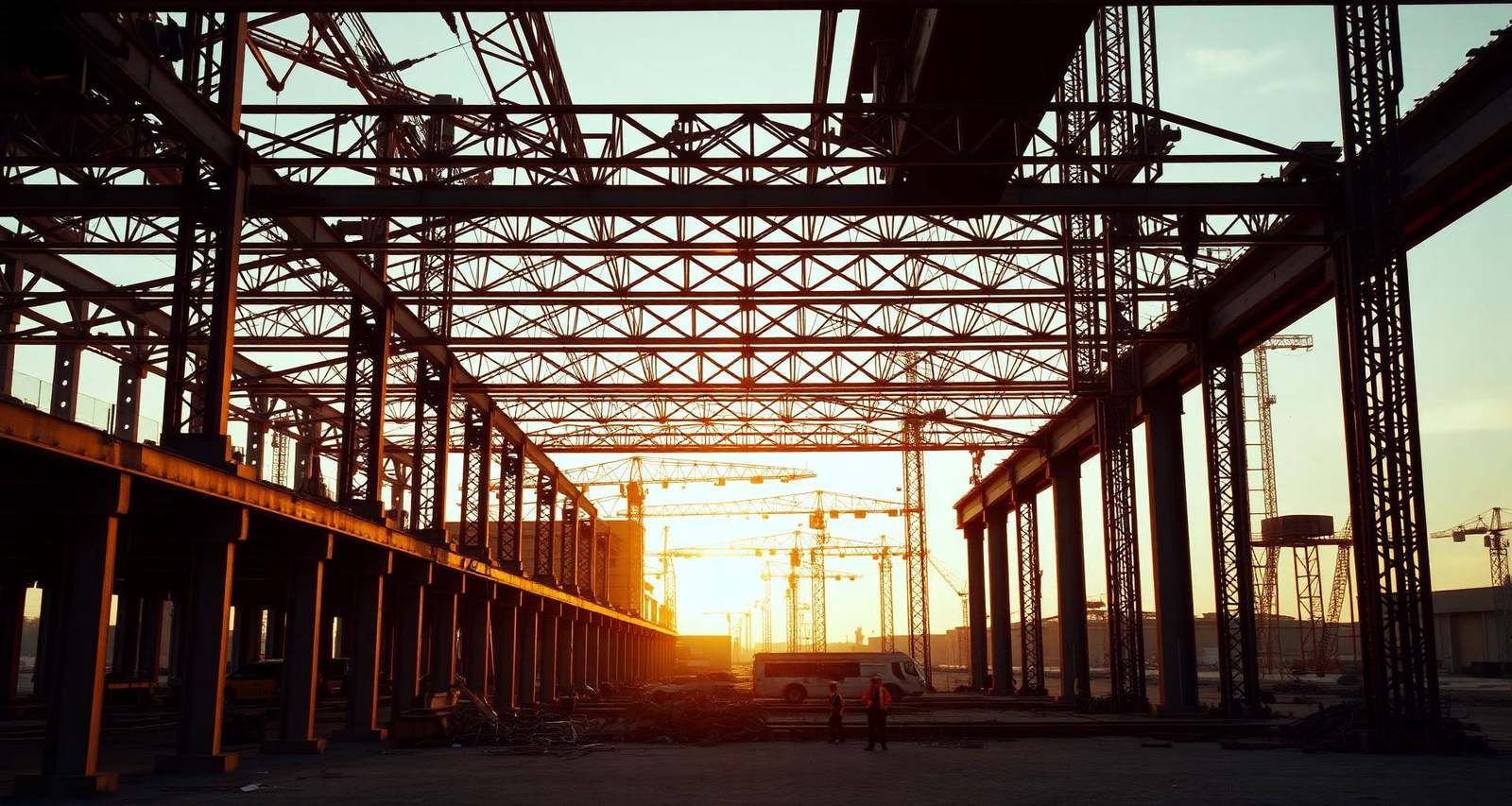 Commercial construction site at golden hour